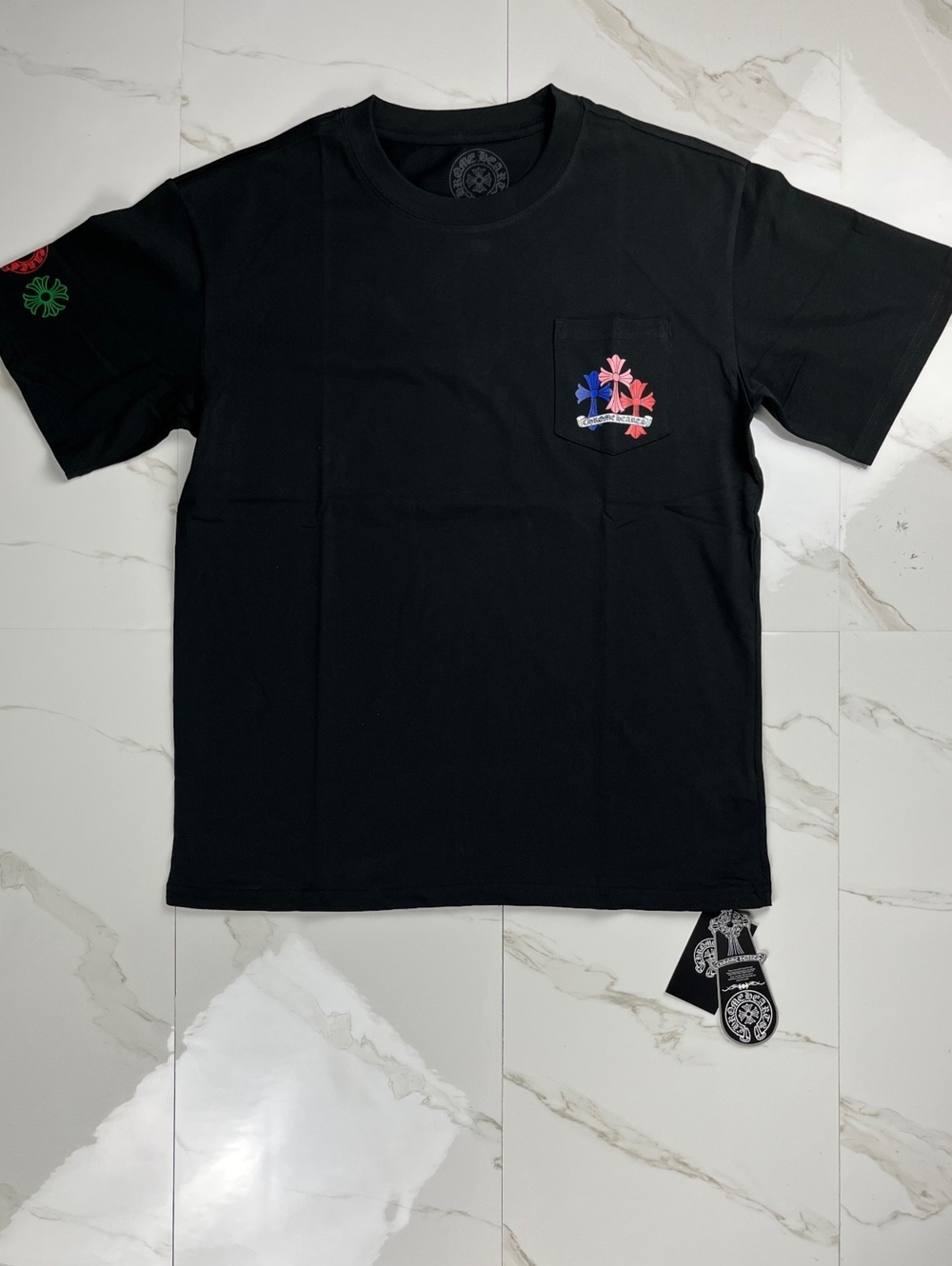 Black Pocket Cross Graphic T-Shirt Multicolor Back Print Size S New